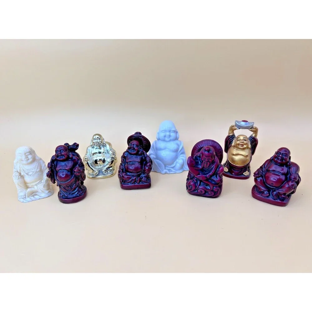 Lot of 8 Miniature Buddha and Happy Buddha Figurines - Stone, Resin, Ceramic